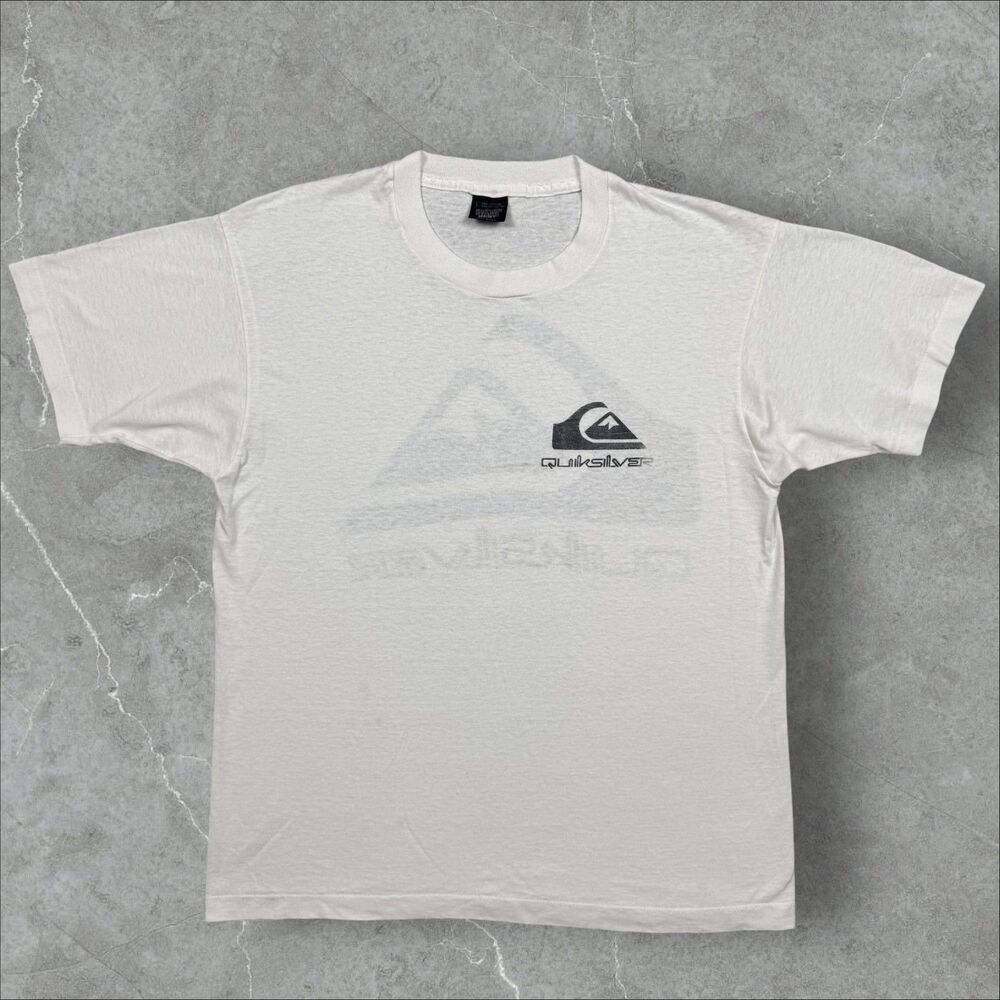 Vintage 80s QuikSilver Screen Stars Double Sided Spell Out Logo T Shirt - Large